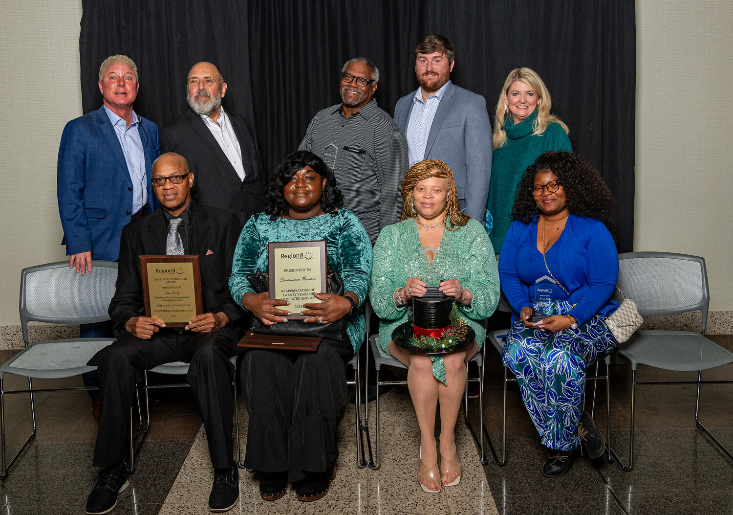 Pictured, front row left to right, are John Kelly, IDD Employee of the Year; Deshannon Winston, 20 Year tenure and Madison County Employee of the Year; Alexia Lucious, 5 year tenure and Shamika Conley, 5 year tenure (Back) Dave Van. Region 8 Executive Director, Dr. Nelson Cauthen, Madison County Region 8 Commissioner; Greg Morgan, 5 year tenure; Wesley Dodd, Power of 8 Award Winner, Region 8 Madison County Administrator; Sonya Summerlin, and Region 8 Madison County Coordinator. Not pictured is  Edward Clarke, Power of 8 Award.